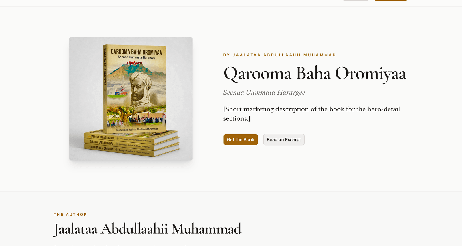 Qarooma Baha Oromiyaa book website homepage, showing the book cover and author details