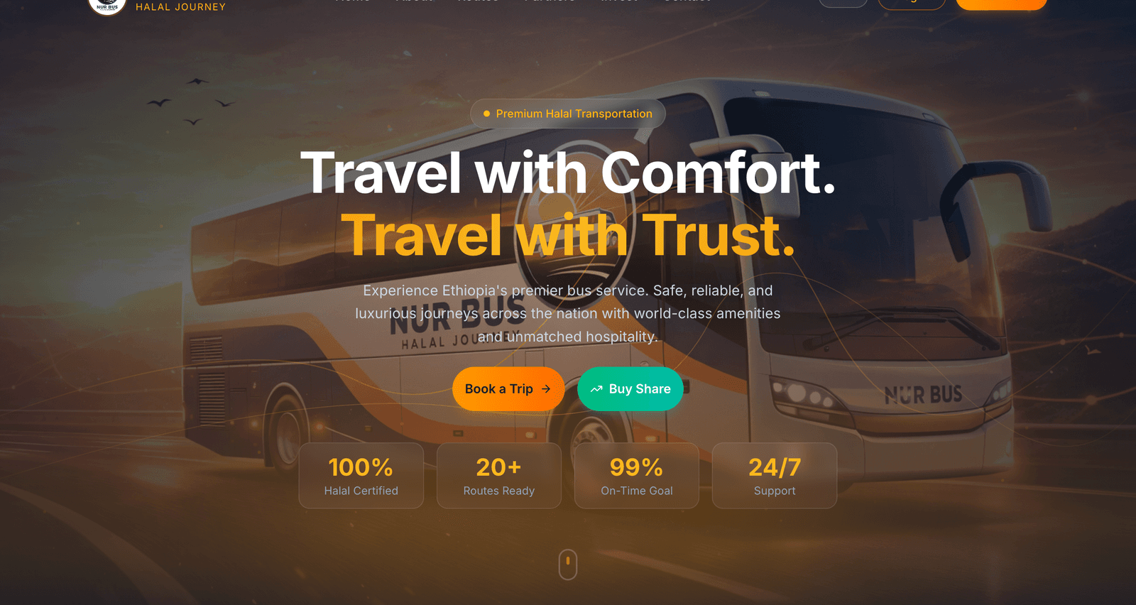Nur Bus website homepage, showing trip booking and investor share purchase entry points