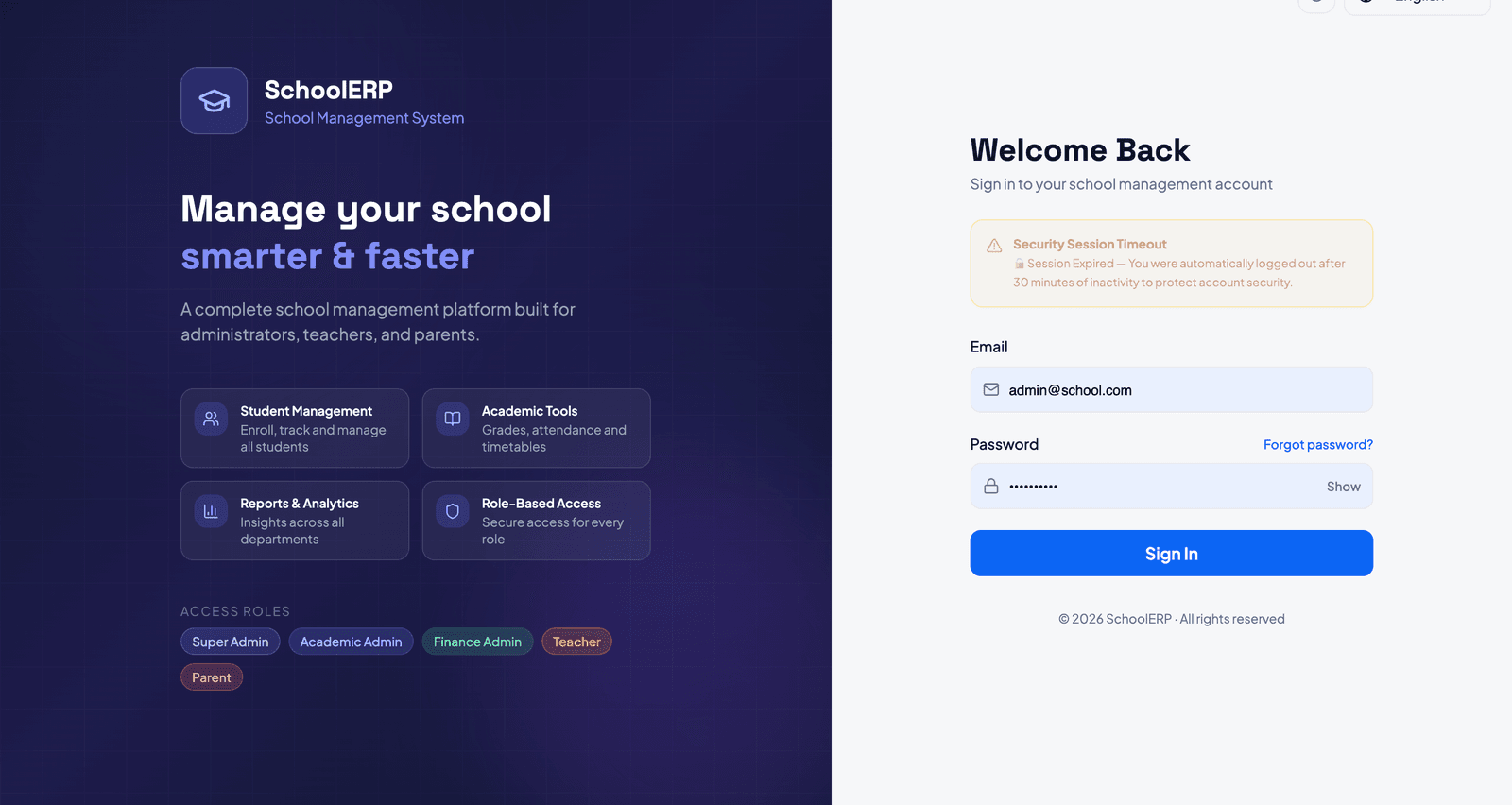 SchoolERP sign-in screen for the school management system